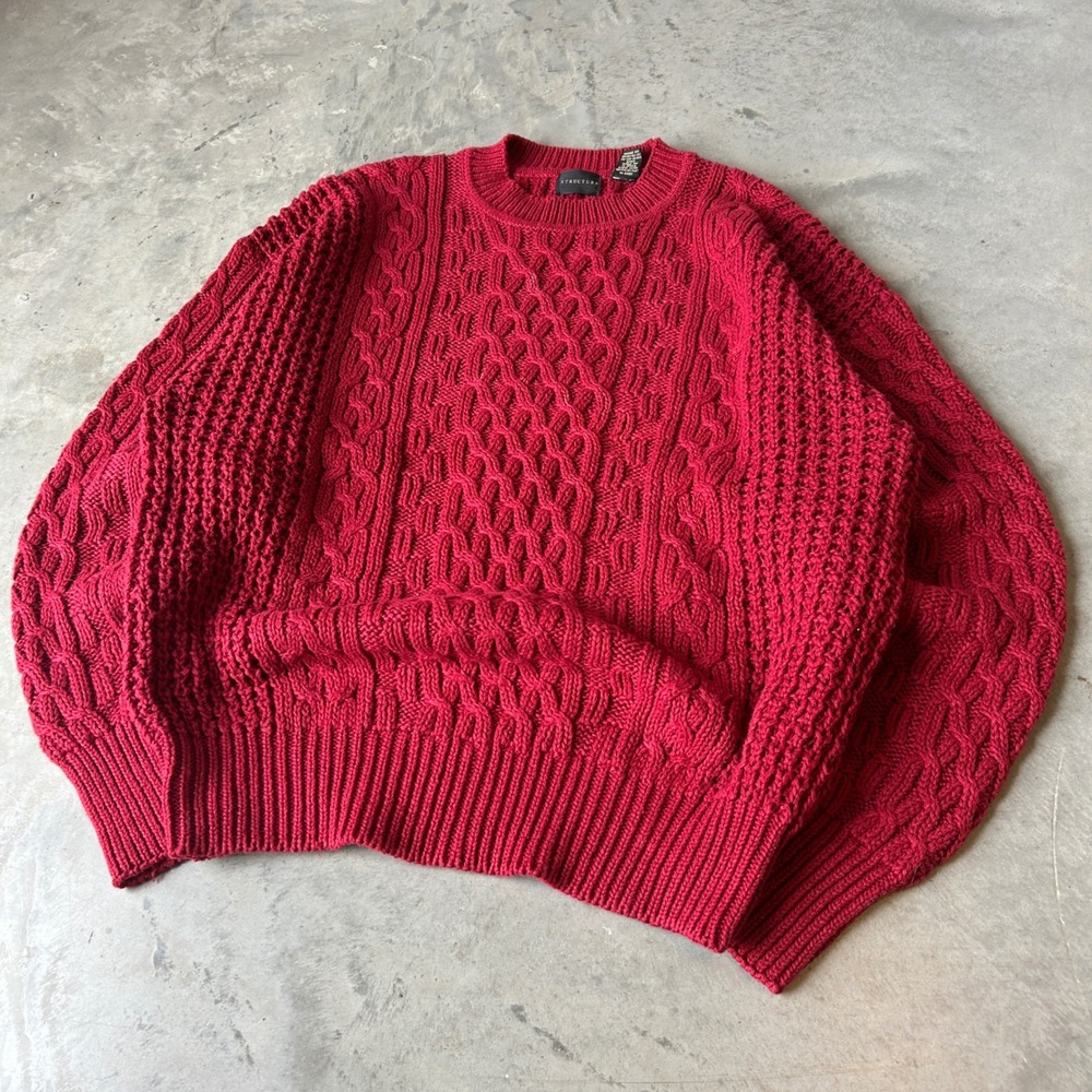 Vintage Structure Mens Red Cable Knit Sweater Ramie Cotton Blend Medium j42